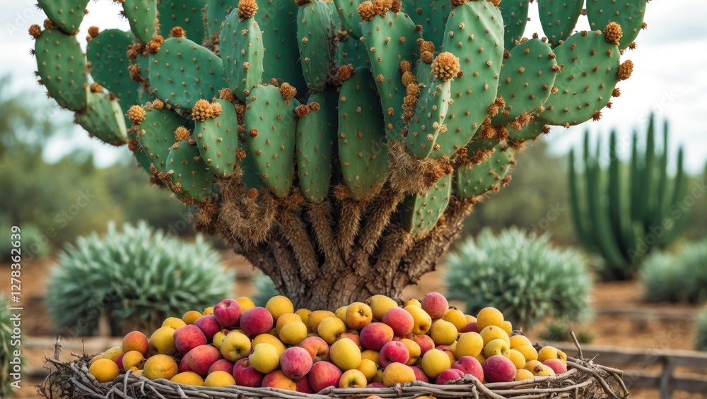 Aufkleber mature tree cactus with vibrant fruits in a woven basket at a tranquil farm setting with open space 