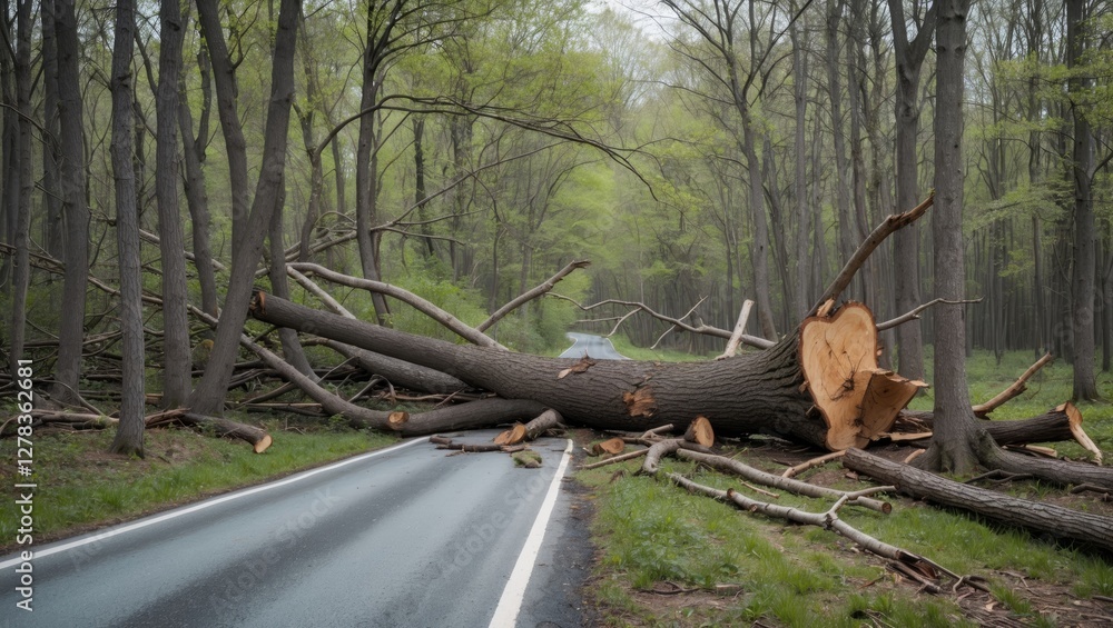 Poster fallen tree obstructing roadway in lush forest during spring with green foliage and clear copy space