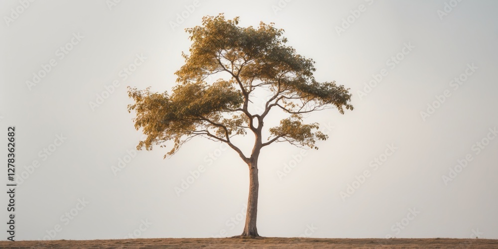 Poster solitary tree standing tall against a white background with ample empty space for text or design ele