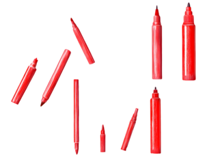 Collection of red markers in various positions against a transparent background, PNG