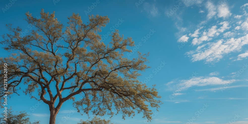 Poster lone tree against a clear blue sky with wispy clouds providing ample space for text or overlay desig