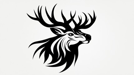 Stag head silhouette, black and white tribal style animal illustration, vector graphic stag.