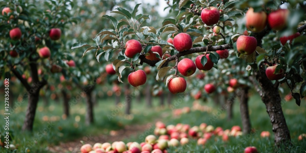 Aufkleber vibrant orchard scene with lush apple trees loaded with red apples and fallen apples creating a sere