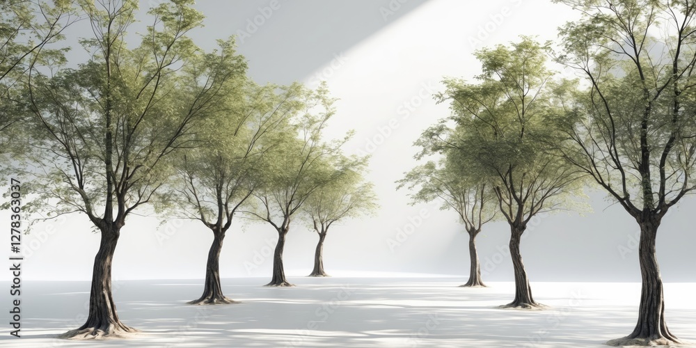 Poster lined trees isolated on white background with illuminated space ideal for text or art design use