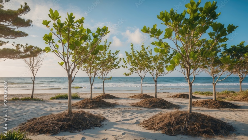 Poster lush beachfront trees with clear sand area for text overlay under a bright sky and calm ocean waves 
