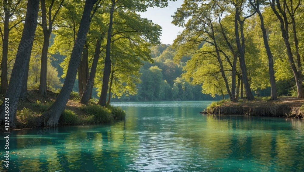 Poster tranquil lake surrounded by lush trees in natural setting with space for text overlay