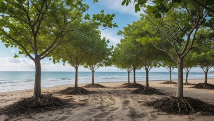 Beachside Trees with Clear Sky and Sandy Shoreline Providing Space for Text and Design Elements