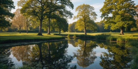 Serene Countryside Scene with Trees Reflected in a Tranquil Pond Under Soft Morning Light and Clear Blue Sky