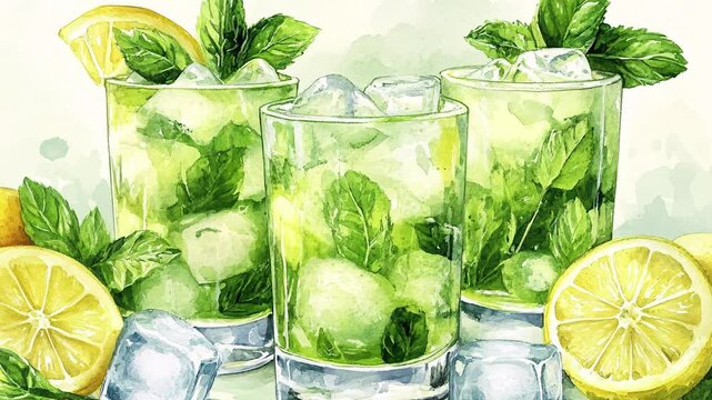 refreshing cocktails, with ice, lemons, and mint, ideal for menu designs showcasing lively club party vibes.