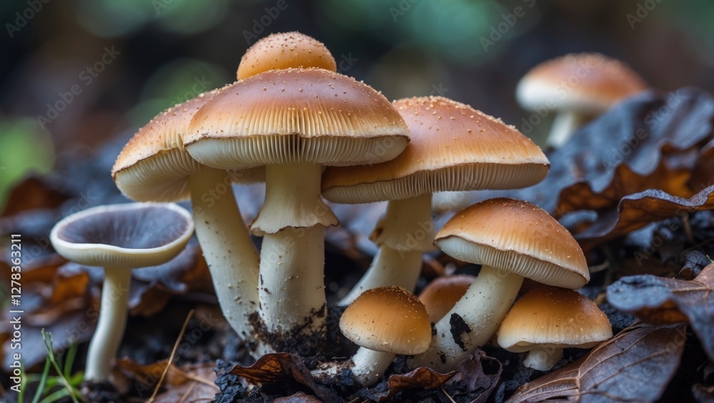 Poster tricholomopsis decora mushrooms on forest floor with empty space for text ideal for nature and fungi