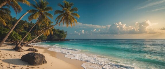 Tropical Paradise with Palm Trees and Serene Waves on Indian Ocean Beach at Sunset