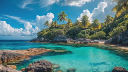 Tropical rocky beach with lush trees under a bright blue sky, crystal clear water inviting relaxation and adventure in paradise coastal scenery.
