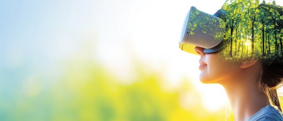 woman immersed in virtual reality explores a futuristic forest overlay, blending technology with nature for an interactive and environmental experience. ecosystems in an immersive digital environment