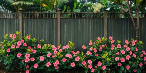 Tropical flowering shrub with vibrant pink blooms against a green fence and lush foliage, ideal for garden and landscape design projects.