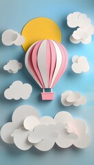 Naklejka premium Paper hot air balloon among clouds and sun illustration