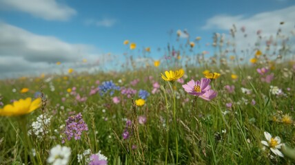 Fototapeta premium Vibrant Wildflower Meadow under Sunny Sky