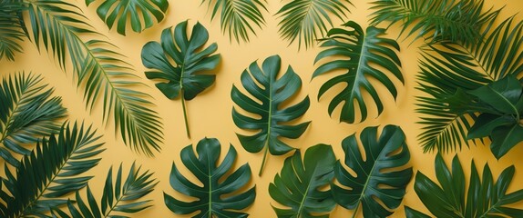 Tropical Green Palm Leaves Over Vibrant Yellow Background Flat Lay Composition Natural Aesthetic Refreshing Summer Vibe Design Element