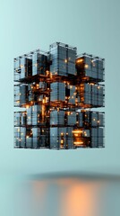 A futuristic 3D structure composed of illuminated cubes, creating a visually striking, tech-inspired design against a soft background. dynamic dimensions space angles