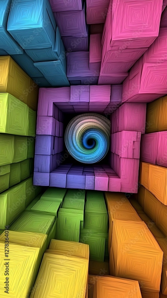 Poster colorful 3d blocks spiral inward, creating a vibrant tunnel effect that draws the eye toward a swirl
