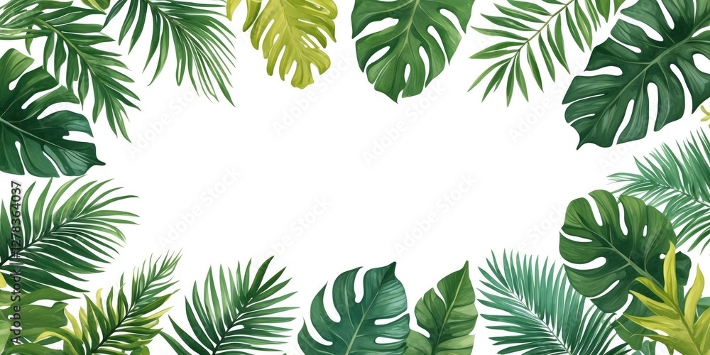 Poster tropical greenery frame design with white background for blank text placement and promotional use