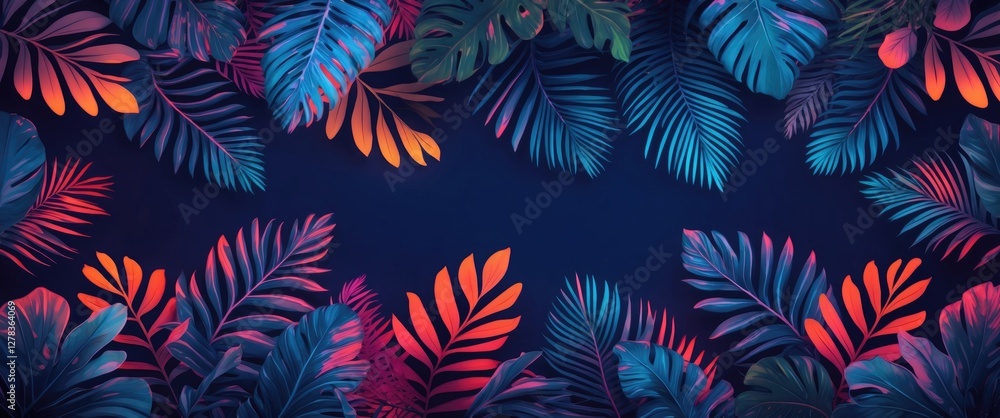 Poster tropical leaves background with neon glow effect and space for text in a vibrant color palette ideal