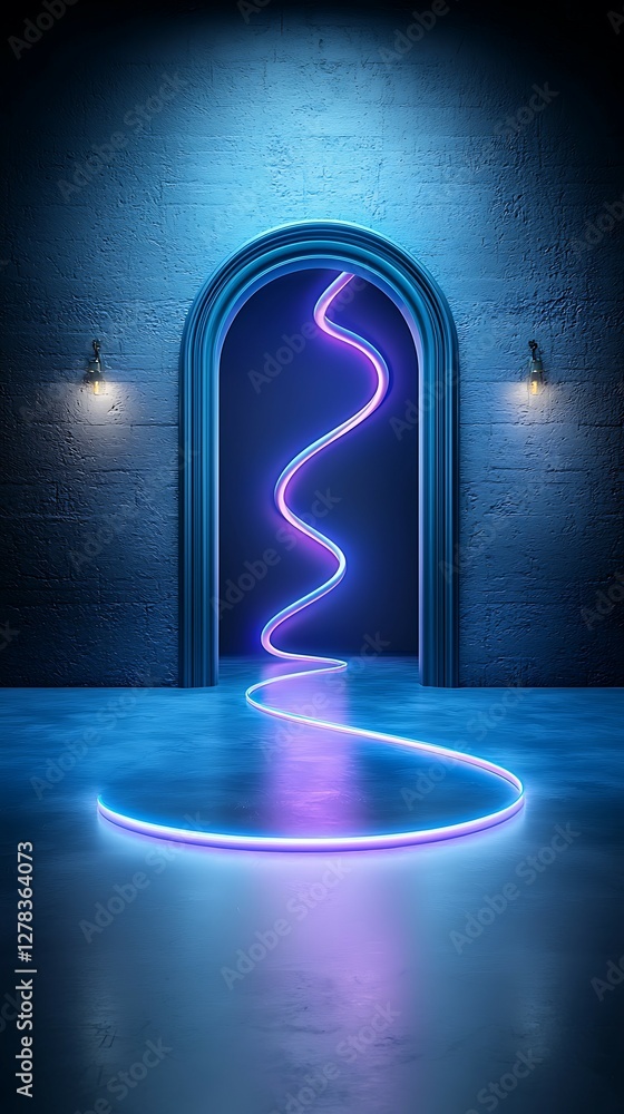 Poster a vibrant, illuminated doorway with a swirling neon light path, set against a dark wall, creating a 
