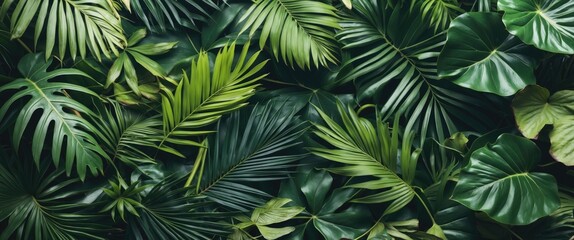 Lush Tropical Foliage Background with Diverse Green Leaves and Textures Perfect for Nature-Themed Designs and Summery Aesthetics