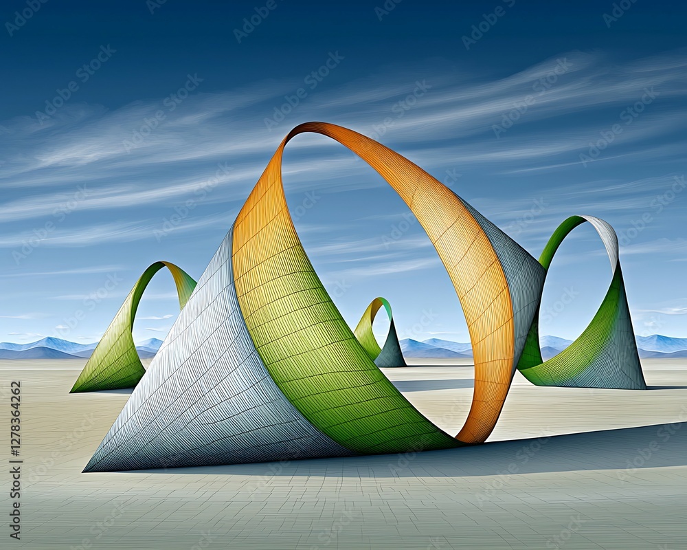 Poster surreal landscape featuring colorful geometric shapes that resemble loops and cones against a clear 