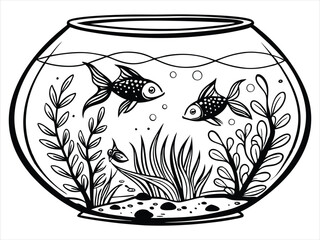 Detailed line art of a fishbowl with two goldfish and underwater plants. Great for educational materials.