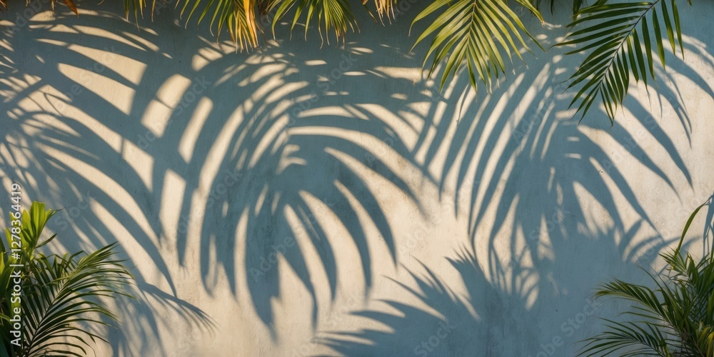 Poster tropical palm leaves casting shadows on wall background with ample copy space for text in a serene a