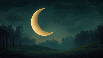 Fototapeta premium Crescent moon illuminates forest landscape at night nature serene environment