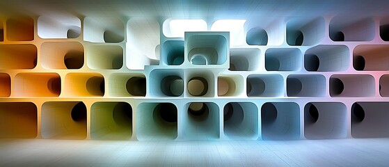 Abstract arrangement of colorful cylindrical shapes, creating a visually striking pattern with varying depths and perspectives. dynamic dimensions space angles
