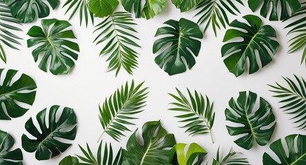 Tropical Green Leaves Pattern on White Background Flat Lay Design Ideal for Nature Themes and Eco-Friendly Projects