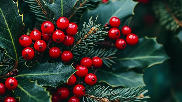 holly berries, bright green leaves, and a spruce branch arranged together, creating a classic winter holiday vibe.