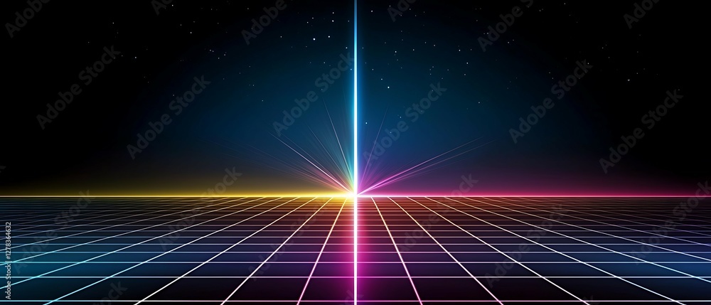 Poster vibrant digital landscape with a central light beam and colorful grid, evoking a futuristic and retr