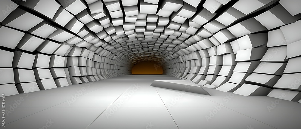 Aufkleber a futuristic tunnel with a geometric design, featuring white walls and a softly lit pathway leading 