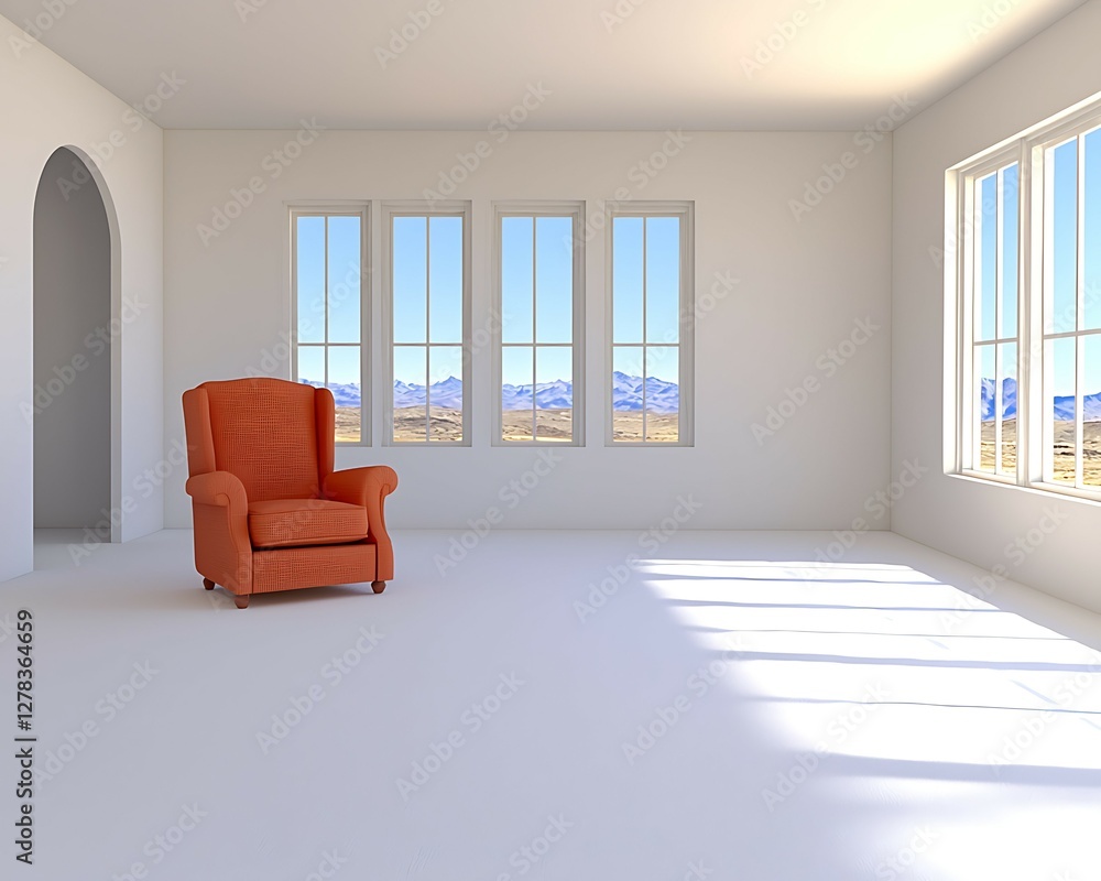 Poster a bright, minimalist room featuring an orange armchair and large windows with mountain views, emphas
