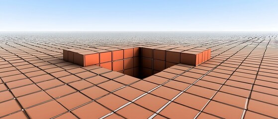 A surreal landscape featuring a grid of bricks with a distinct hole, conveying a sense of depth and perspective. dynamic dimensions space angles