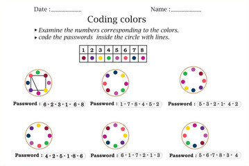 Coding colors worksheet for kids. Educational game for kids.