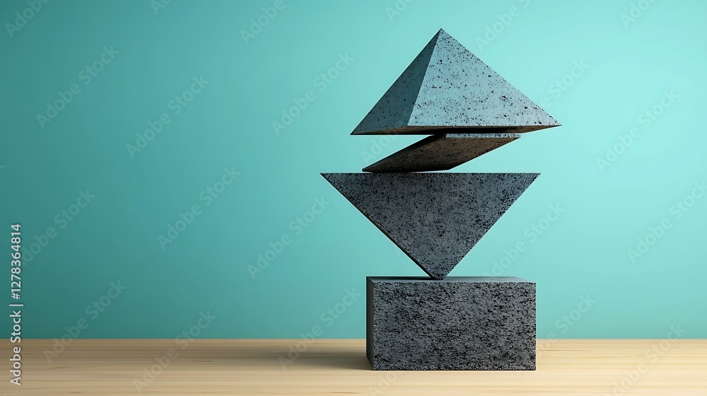 Poster three geometric shapes, including pyramids and a rectangular base, are stacked artistically against 