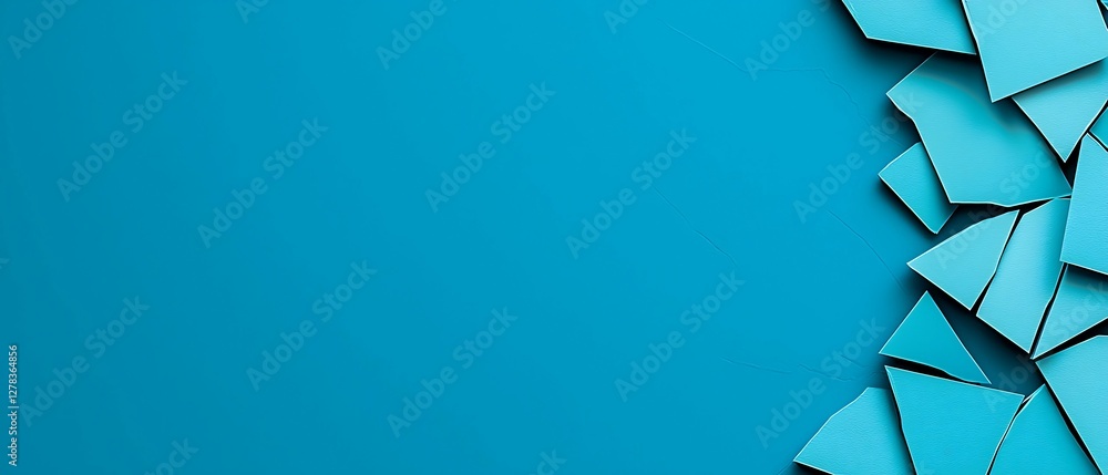 Poster bright turquoise background with overlapping, partially torn paper shapes, creating a modern and art