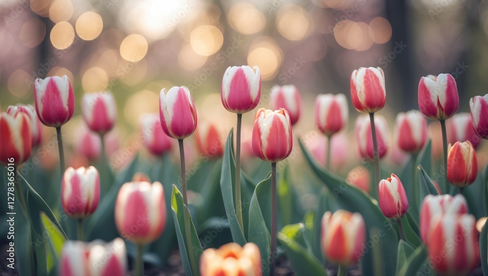 Poster stunning spring tulips in a blooming garden with soft bokeh background and negative space for your t