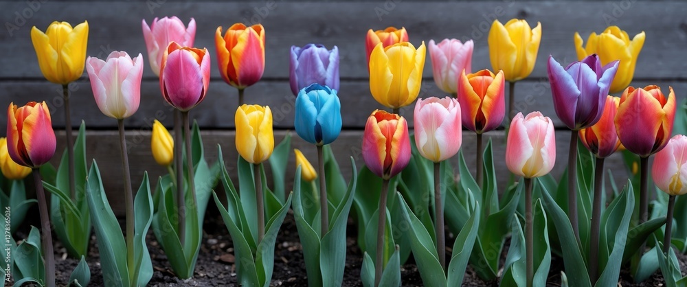 Poster colorful tulip garden blooming in springtime displaying a vibrant array of flower varieties against 
