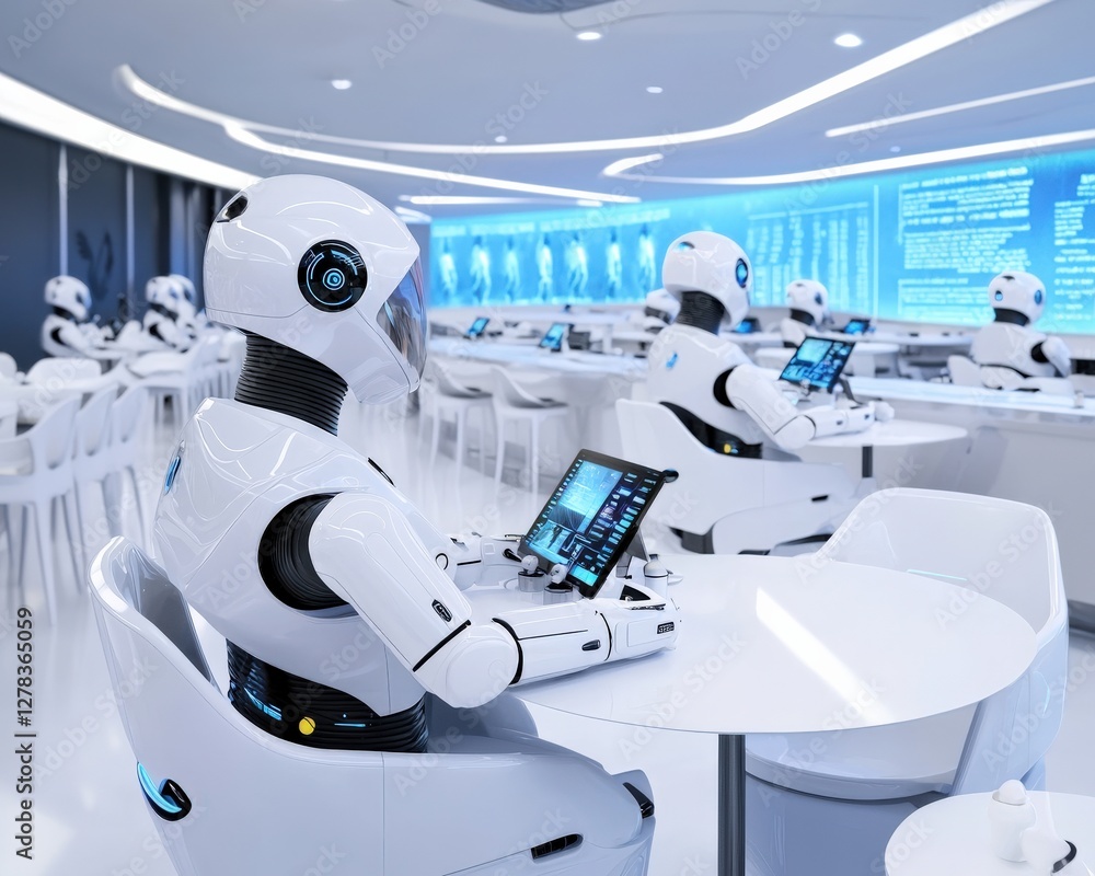 Poster robots working in a futuristic office environment