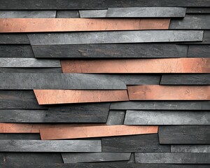 Textured wall composed of layered black and copper stones, offering a modern and stylish look for interior or exterior design. dynamic dimensions space angles