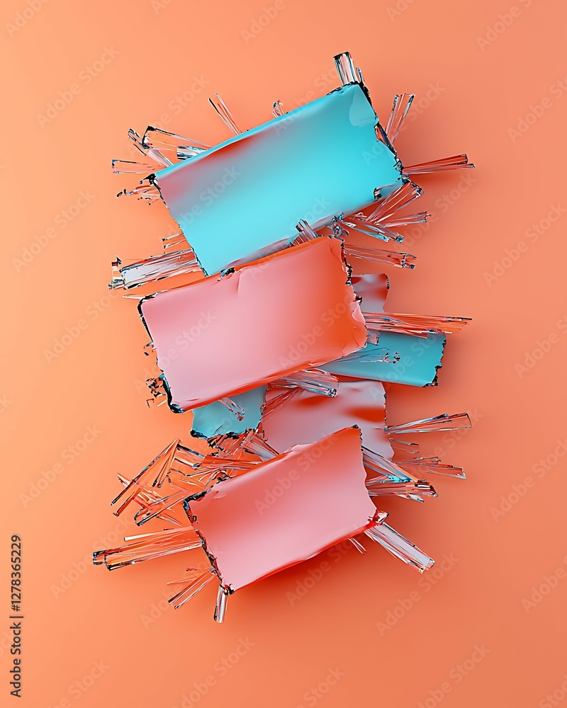 Poster colorful abstract composition featuring layered rectangular shapes with vibrant hues against a warm 