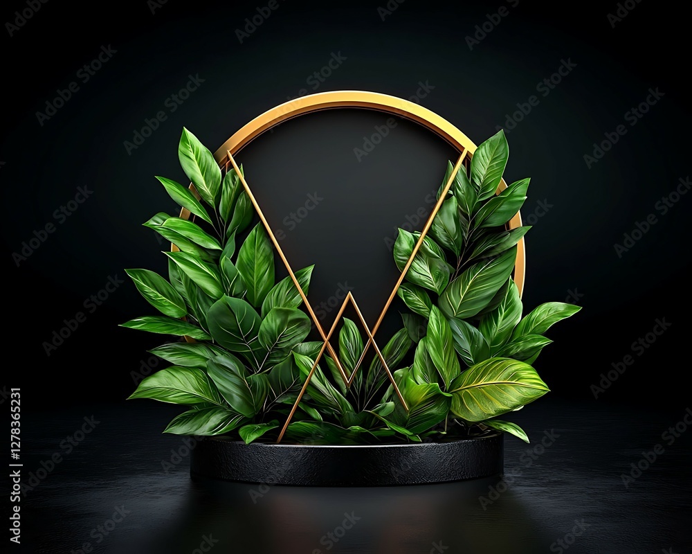 Poster a modern design featuring lush green leaves arranged around a circular frame, set against a dark bac