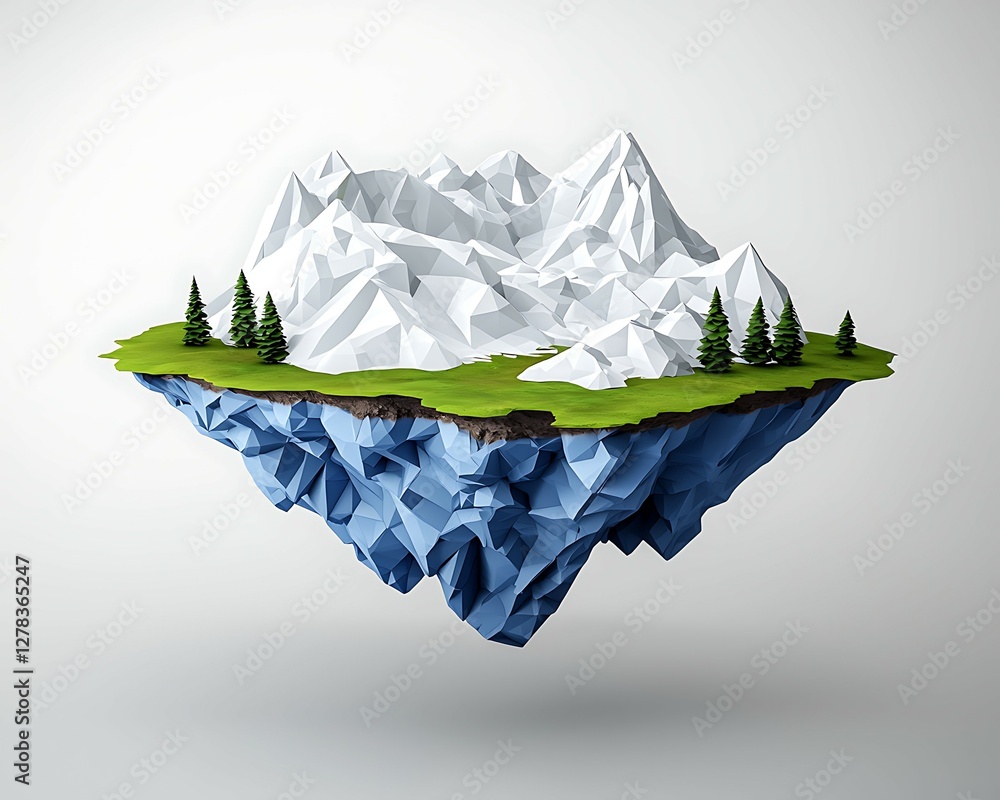 Poster a surreal floating landscape featuring a green island with trees and jagged mountains, set against a