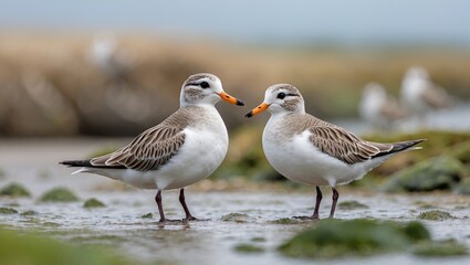 Fototapeta premium Coastal Turnstones Displaying Their Natural Behavior in a Serene Environment with Copy Space for Text or Graphics