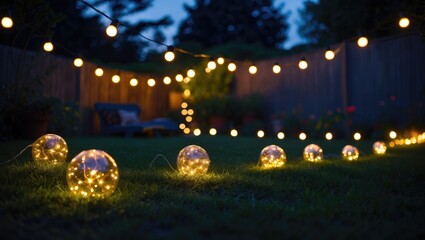 Obraz premium Twinkling Fairy Lights Illuminate a Serene Garden at Twilight Creating a Magical and Inviting Evening Atmosphere Perfect for Gatherings.